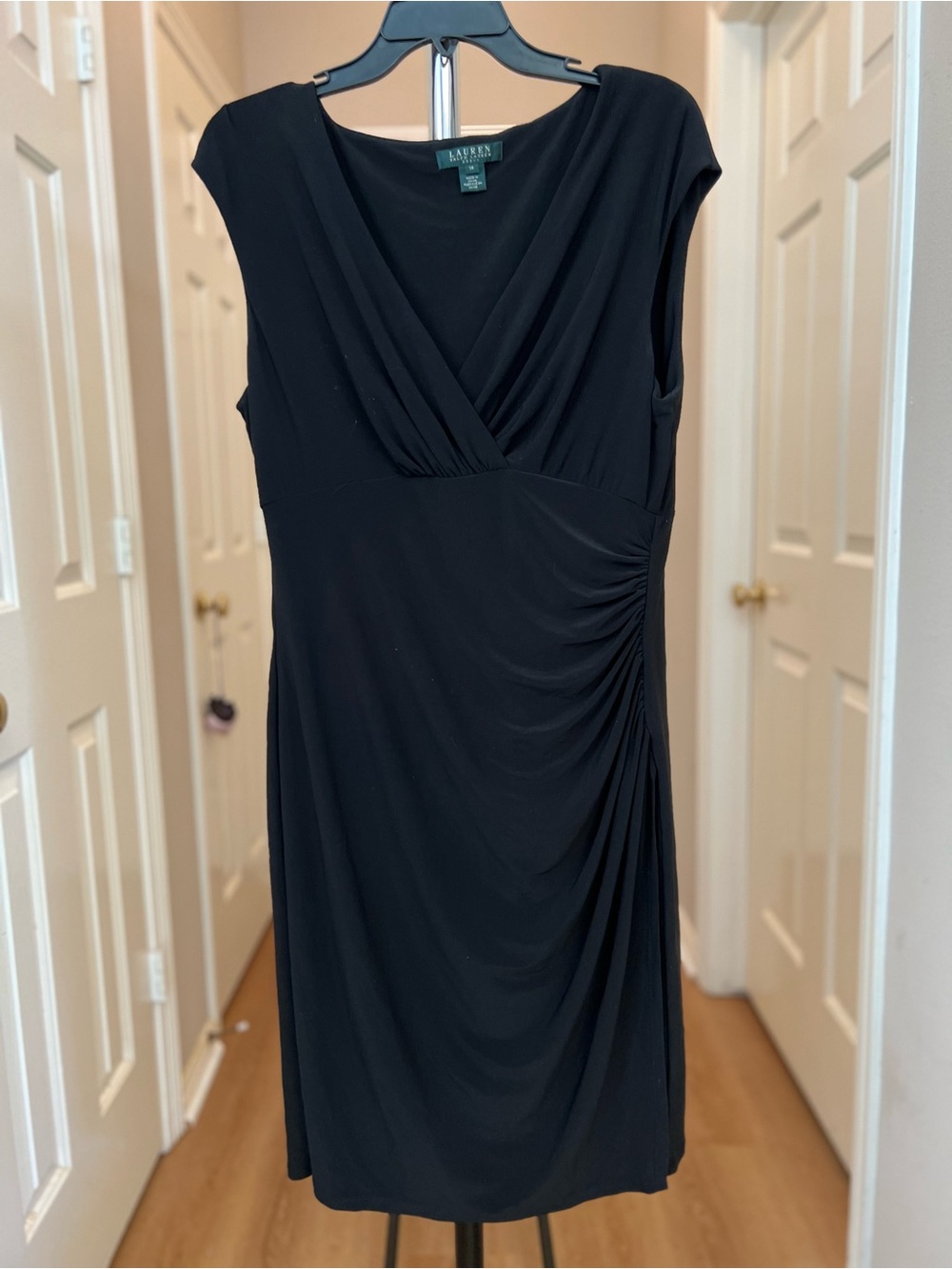 Ralph Lauren Black Sleeveless V-Neck Ruched Midi Dress